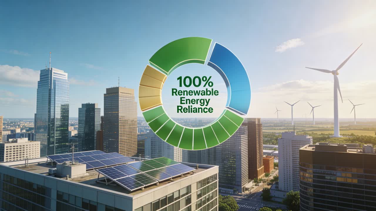 Animating circular overlay forming rings over city roof with solar panels, showing 100% renewable