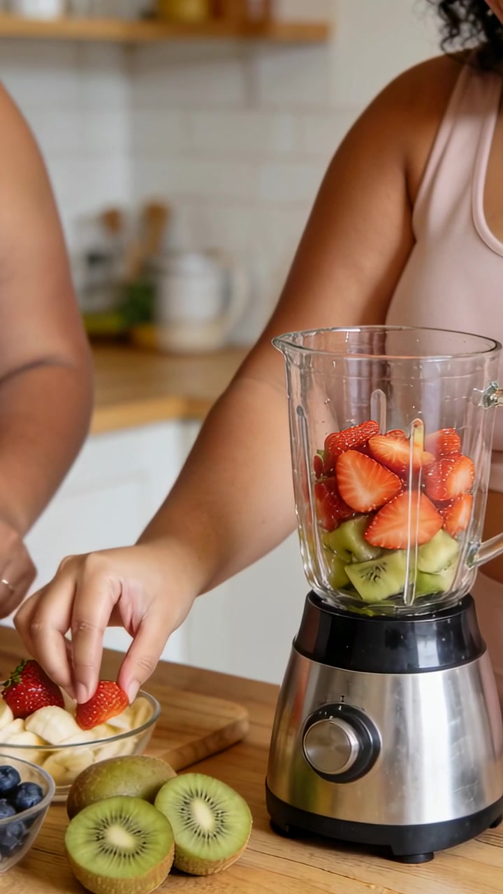 Video verticale: Donna con un top rosa che aggiunge fragole e kiwi in un frullatore sul bancone per un frullato.