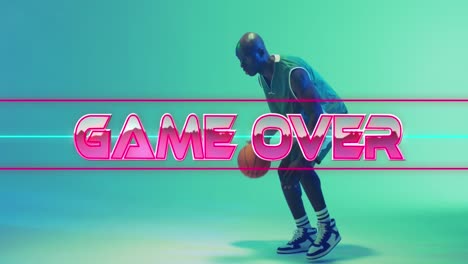 animación de juego sobre texto sobre patrón de neón y jugador de baloncesto afroamericano.