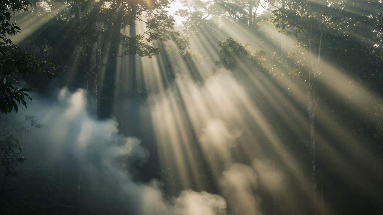 Ethereal Sunlight Streaming Through Lush Forest Canopy, Illuminating Misty Atmosphere and Creating a Dreamlike Landscape in Nature's Embrace