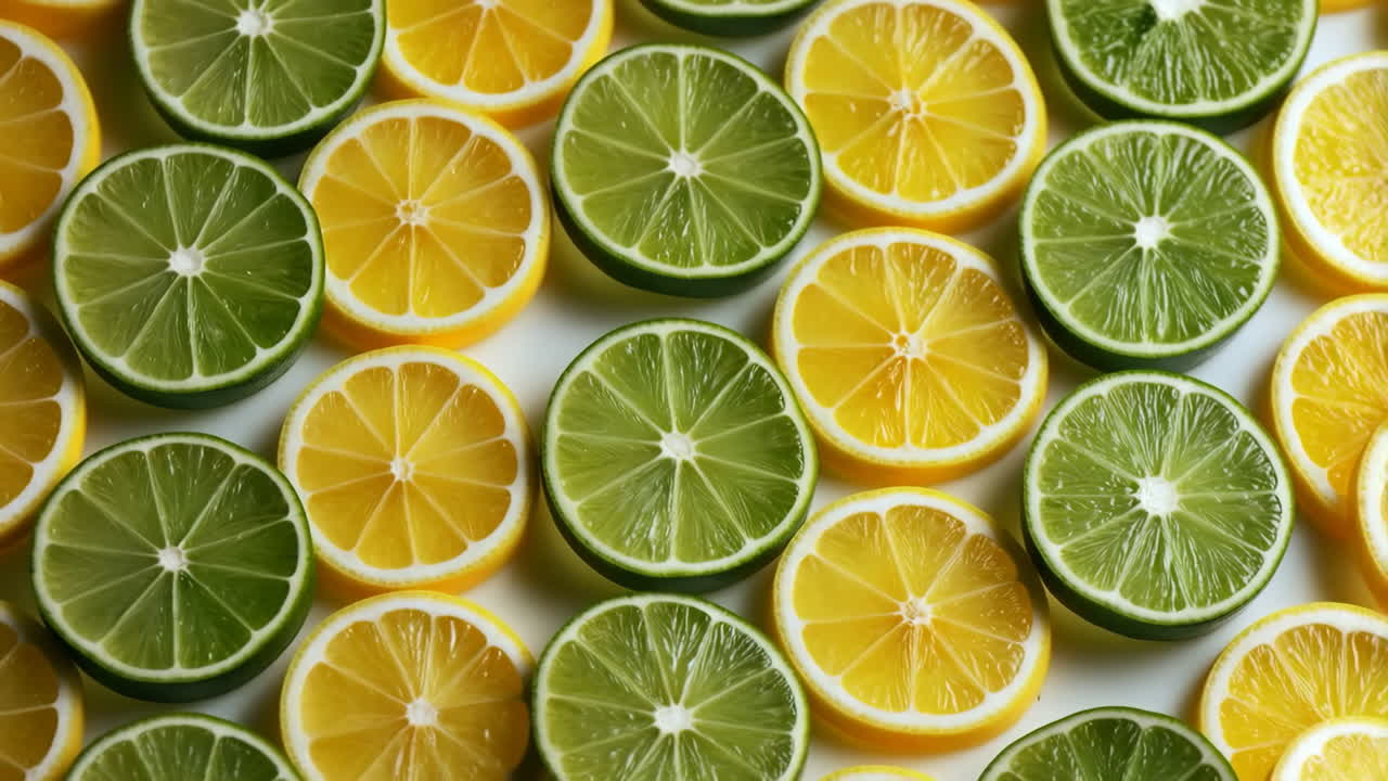 Desen şeklinde dizilmiş misket limonu ve limon dilimleri, canlı yeşil sarı tonlar, parlak meyve suyu damlacıkları, minimalist düz çekim.
