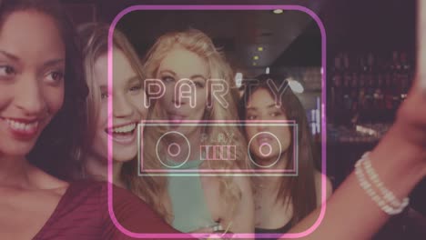 Animation-of-neon-party-text-in-pink-frame-over-smiling-female-friends-making-toast-in-bar