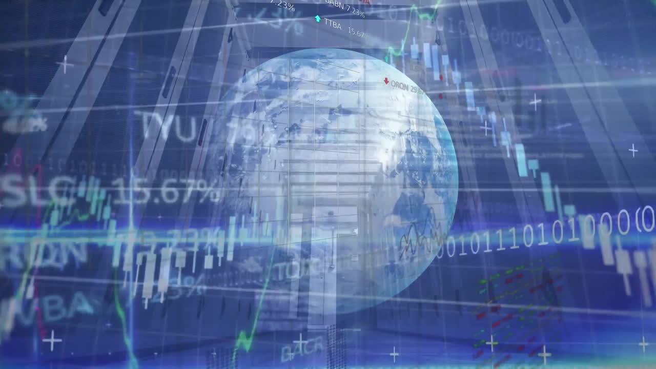 animación del procesamiento de datos financieros y del mercado de valores en todo el mundo contra la sala de servidores informáticos