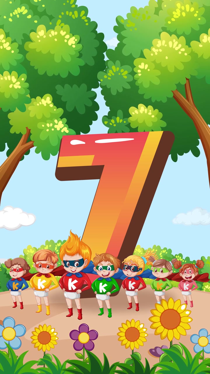 Supereroi animati si riuniscono in un giardino colorato, evidenziando il lavoro di squadra e l'unità con un vistoso numero sette come elemento centrale