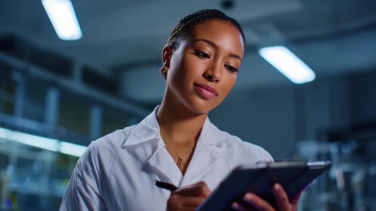 A focused researcher in a laboratory environment stands engaged with a digital tablet, showcasing her dedication and professionalism as she records observations or data in a scientific setting