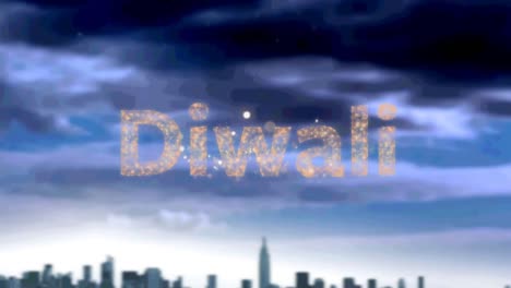 animation of diwali text with fireworks over cityscape and clouds