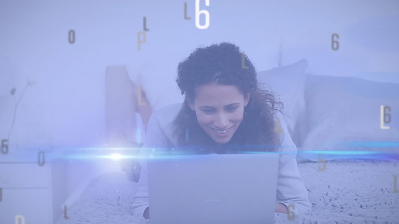 múltiples números y alfabetos cambiantes contra el retrato de una mujer caucásica usando una computadora portátil