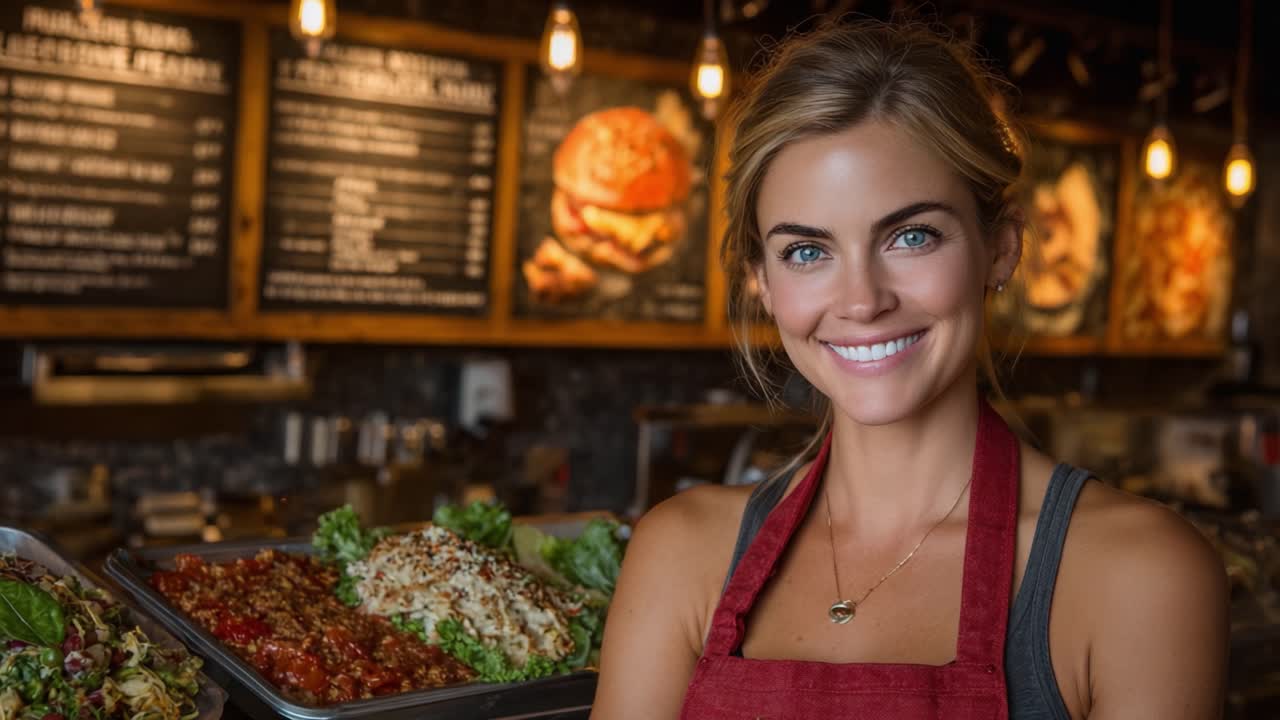 Chef donna allegra che mostra piatti appena preparati in un accogliente ristorante, irradiando calore ed esperienza culinaria in un ambiente affascinante