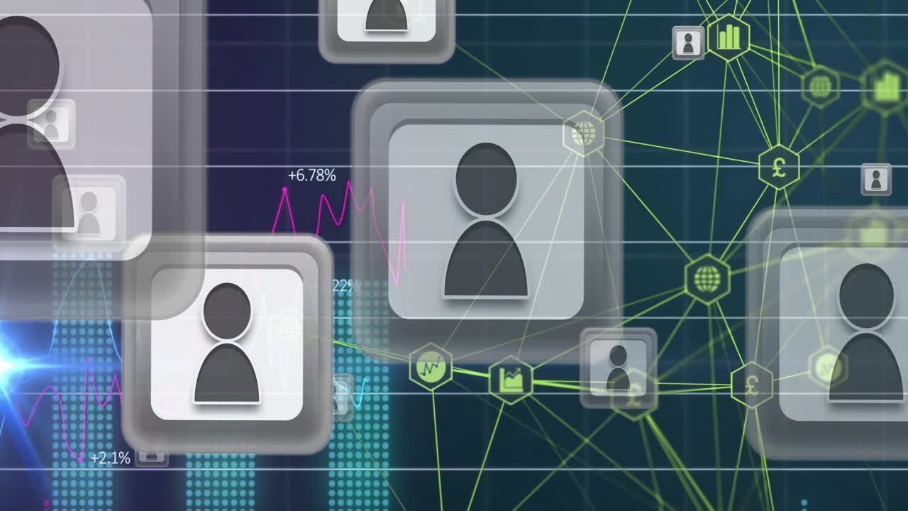 Animation of connected icons, profile icons, graphs with changing numbers over abstract background