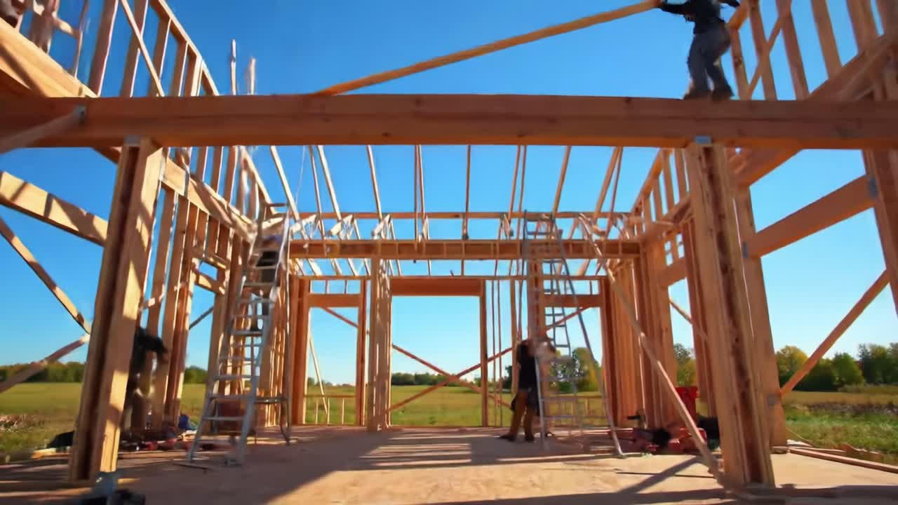 Construction workers are building a wooden framework in a spacious field. The sun is shining brightly as they raise walls and support beams, creating a new structure.