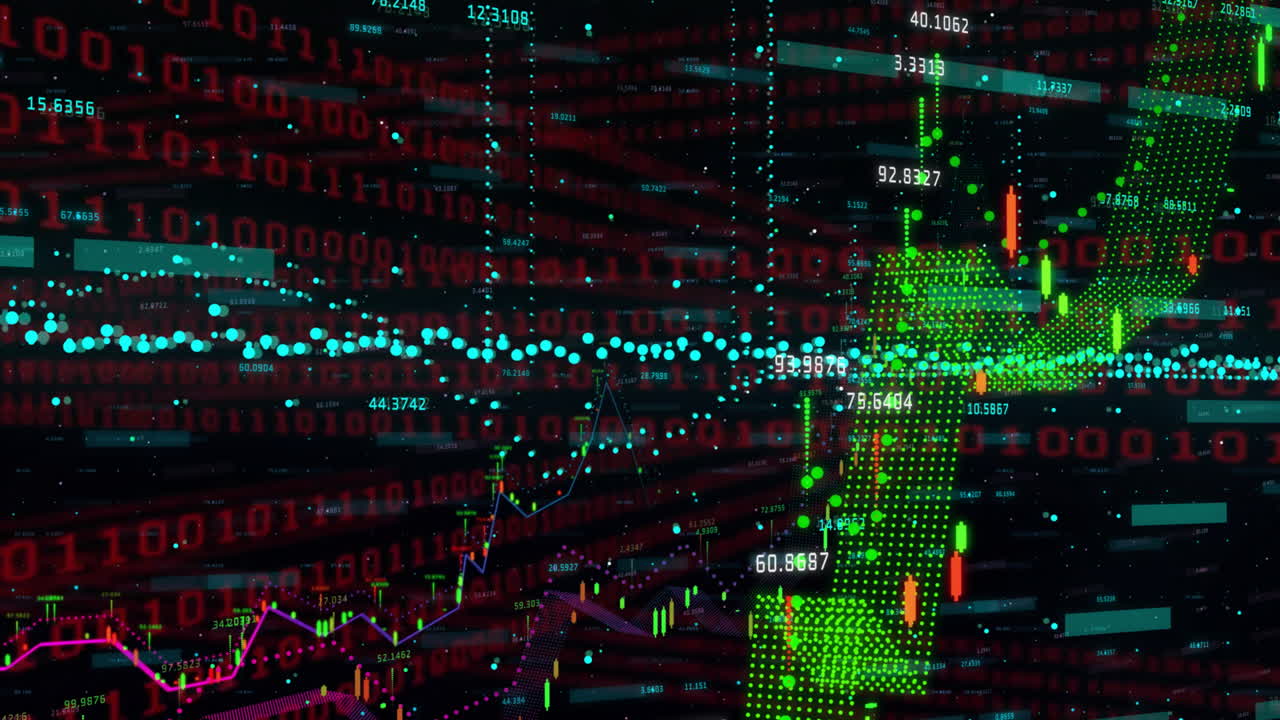 Animation of financial data processing over grid on dark background