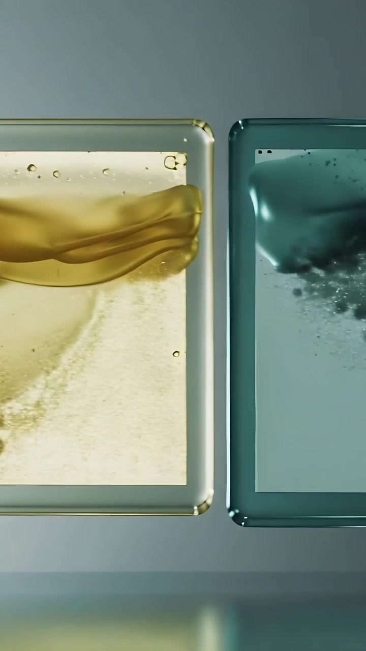 Video verticale: Tre cornici di vetro che mostrano oro pesca che scorre in verde acqua, che bolle dopo l'agitazione nel set.