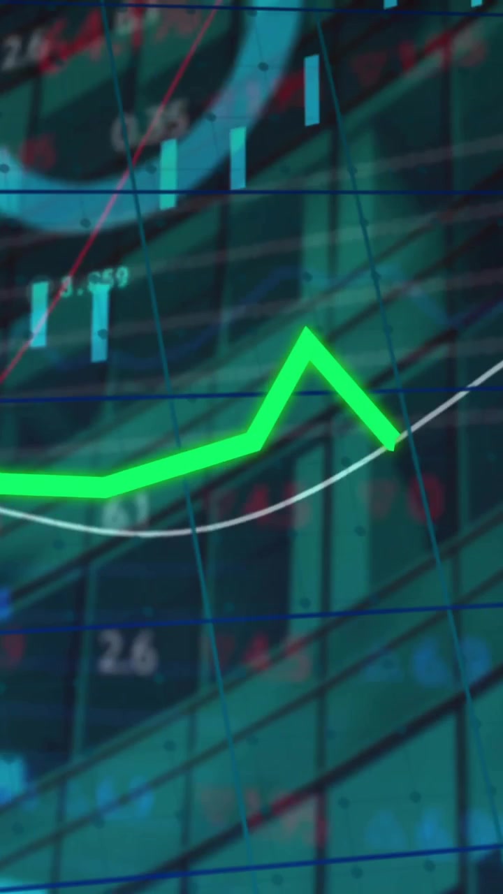 Animazione di elaborazione dati finanziari su un edificio per uffici