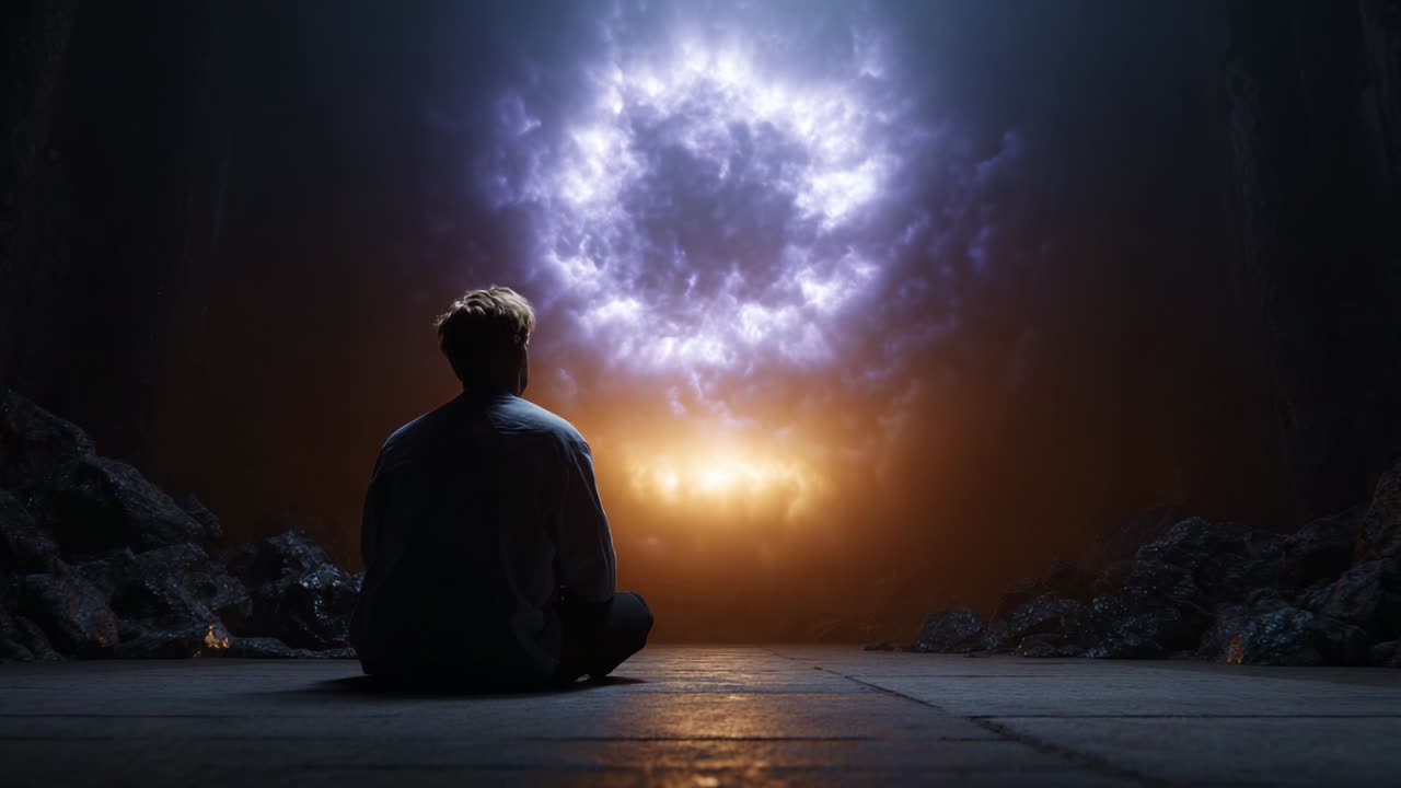 In a mesmerizing scene, a solitary figure sits in contemplation, absorbing the mystical glow emanating from an ethereal portal, where luminous energies blend in shades of purple and orange, creating a surreal atmosphere