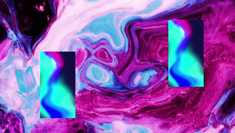 glowing blue abstract rectangles over pink and blue liquid waves on black background