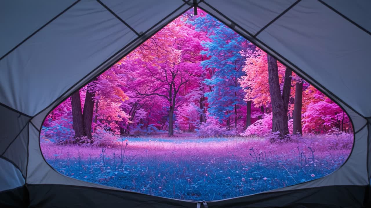 A Serene Glimpse from a Tent into a Vibrantly Colorful Forest Filled with Lush Pink and Blue Trees, Showcasing Nature's Majestic Beauty and Tranquility