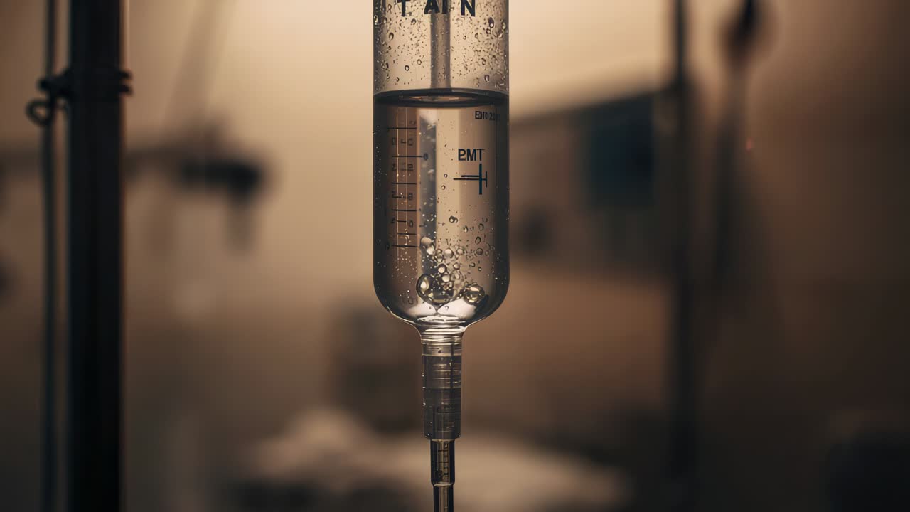 Mostra la camera di infusione IV contrassegnata con bolle che si uniscono e gocciolano nel reparto della clinica, fornendo idratazione