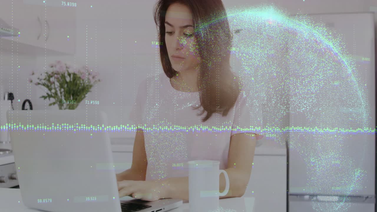 woman sipping water then typing laptop and scrolling phone for tech demo with pulsing data overlay