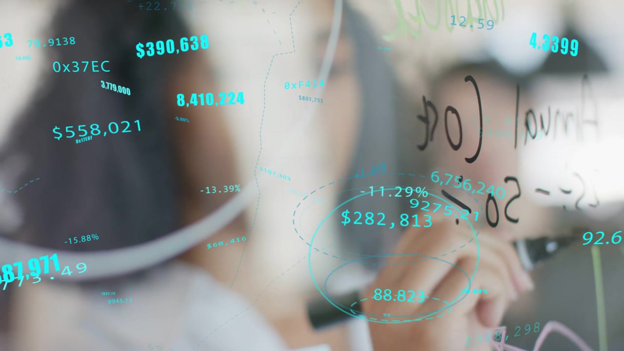 Analyst woman touching glass, circling numbers, colleague gesturing, teal data highlighting finance