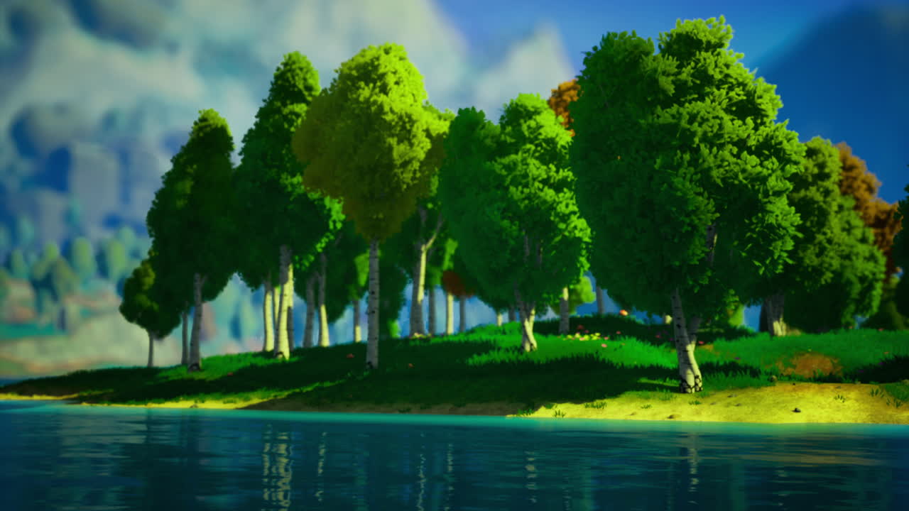 Lush green forest along a serene lake under a bright blue sky
