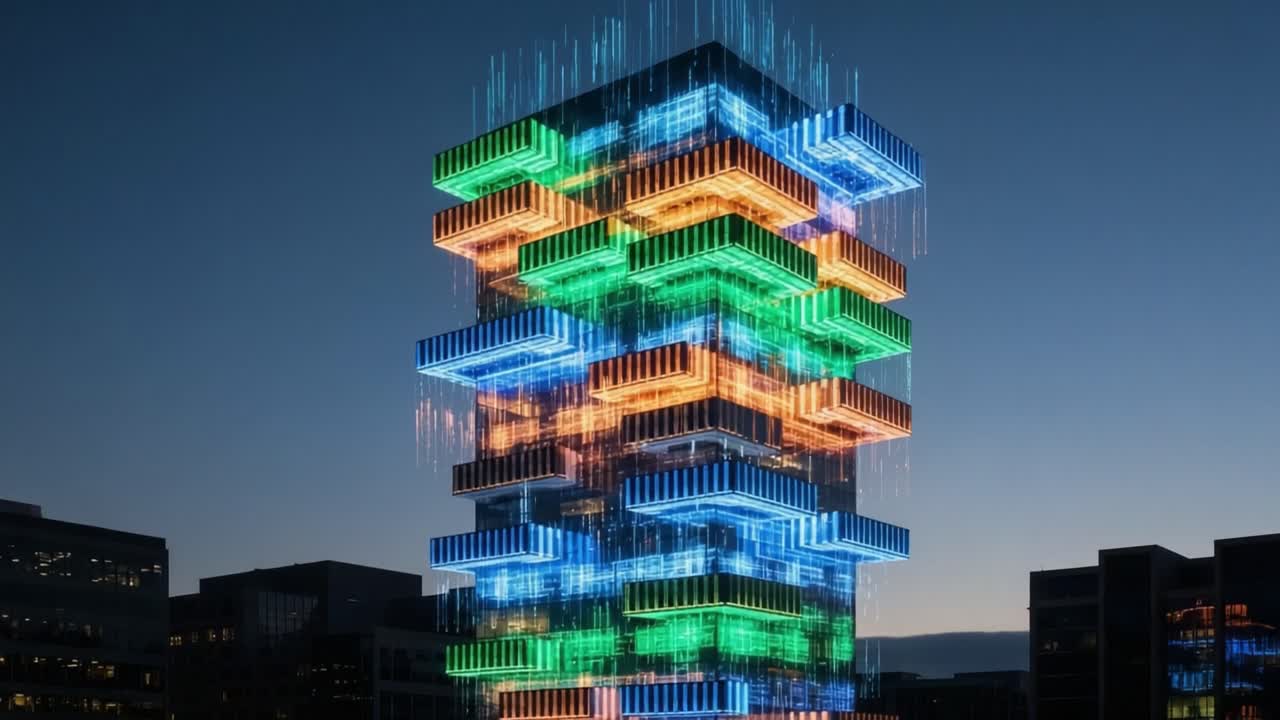 A Stunning Nighttime Showcase of Architectural Brilliance: Colorful Light Displays Transforming a Modern Building into a Mesmerizing Spectacle