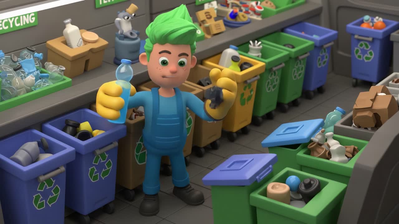 A cheerful animated character actively sorts recyclable materials in a colorful recycling area, promoting eco-friendly practices and responsible waste management