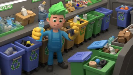 a cheerful animated character actively sorts recyclable materials in a colorful recycling area, promoting eco-friendly practices and responsible waste management