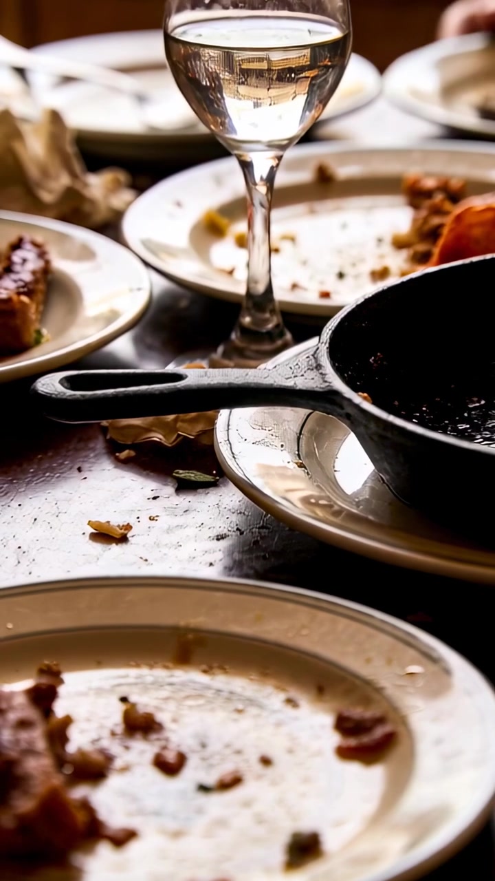 Vertical video: Pulling back camera showing used plate with fork and knife on table, meal aftermath