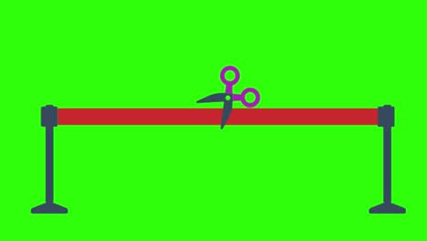 2d animated illustration of scissors cutting a red ribbon on a green screen