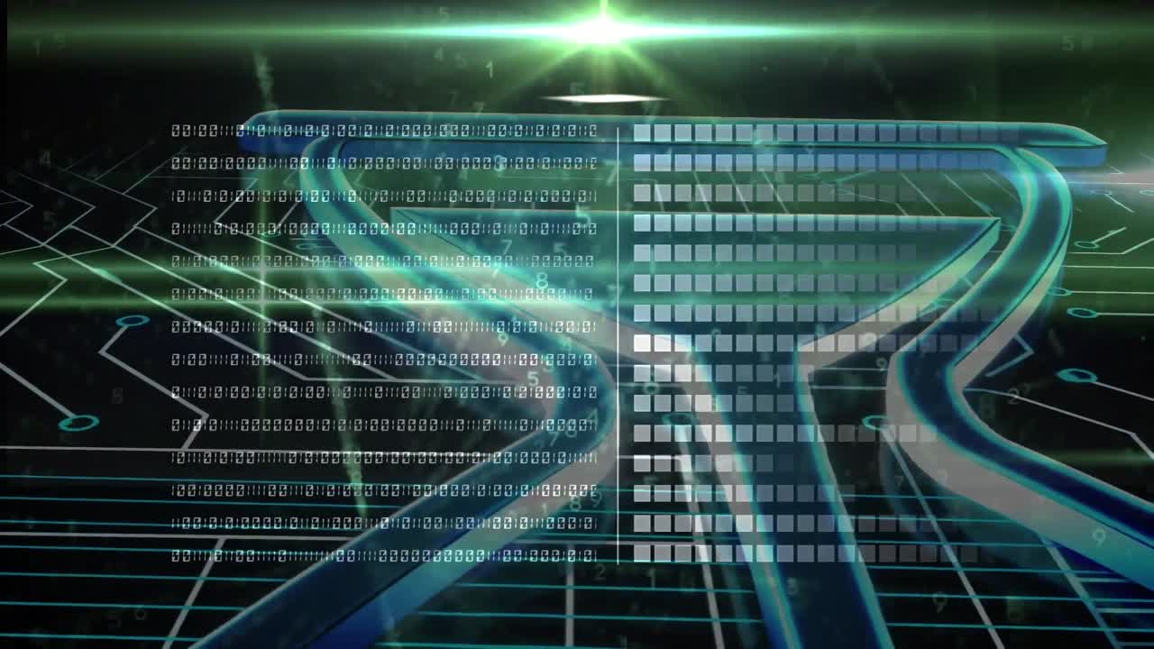 바이너리 코딩의 애니메이션, 빛나는 컴퓨터 회로판에서 데이터 처리
