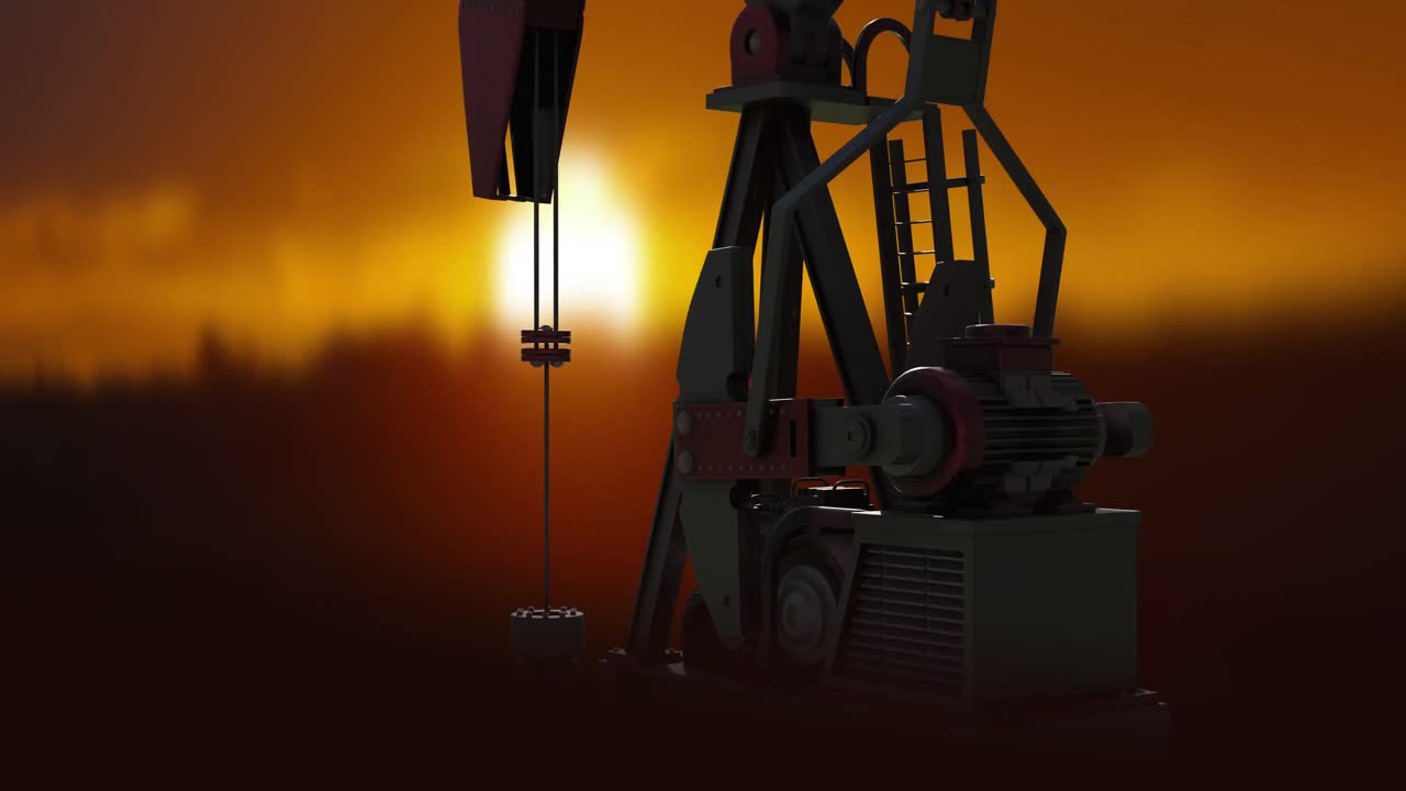 animación de trabajo pumpjack sobre el paisaje y el sol