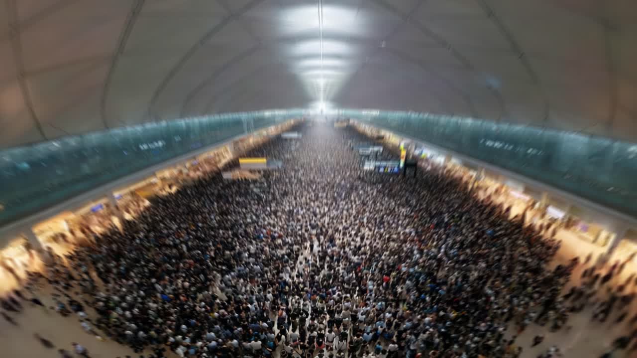 A Massive Crowd Gathered at the Airport: An Aerial View of Thousands of People in a Busy Terminal, Captivating the Vibrancy and Energy of Modern Travel and Movement