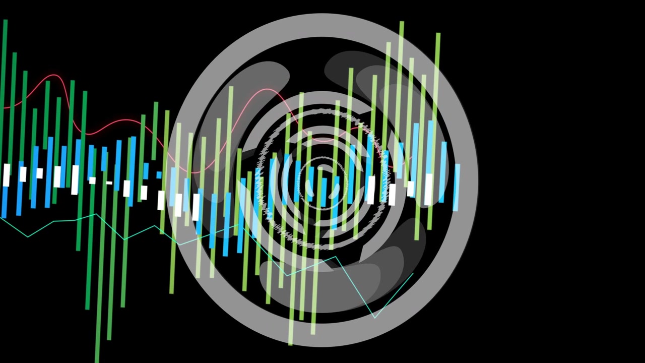 Cirkulær visualizer pulserer, når input udløser farverige bølgeformede bjælker, der vokser og fejer mod midten
