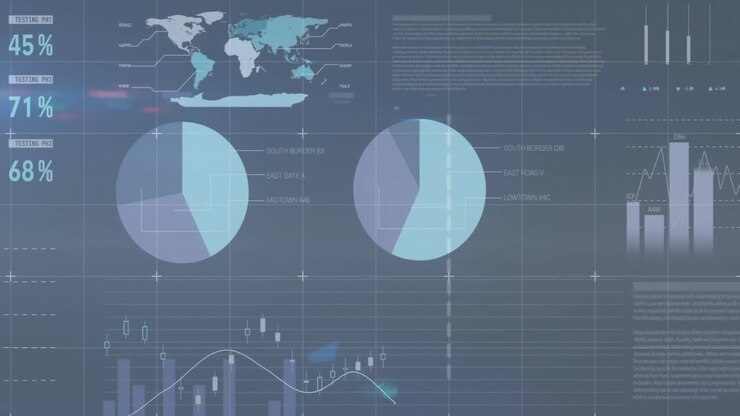 Animation of financial data processing over grid on grey background