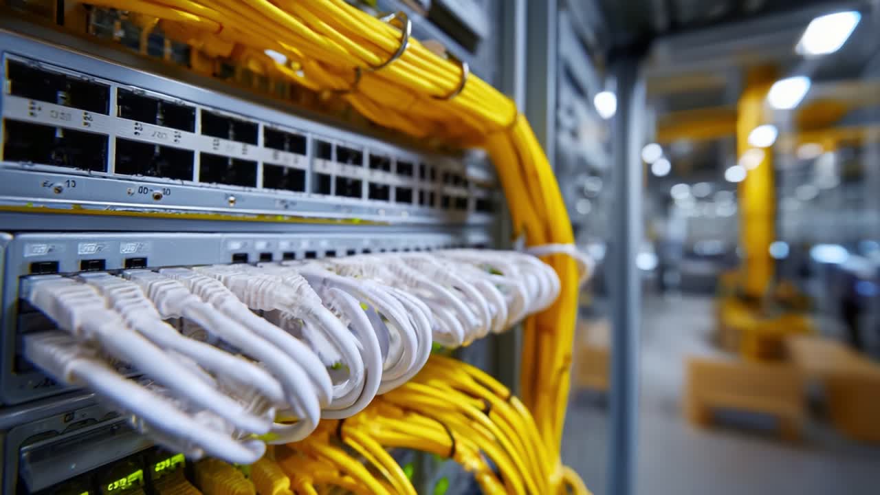 Detailed View of Network Cabling and Equipment in a Modern Data Center with Yellow Ethernet Cables Organized Neatly Across Network Switches and Routers