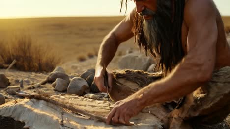 un hombre de las cavernas tallando un pedazo de piel de animal