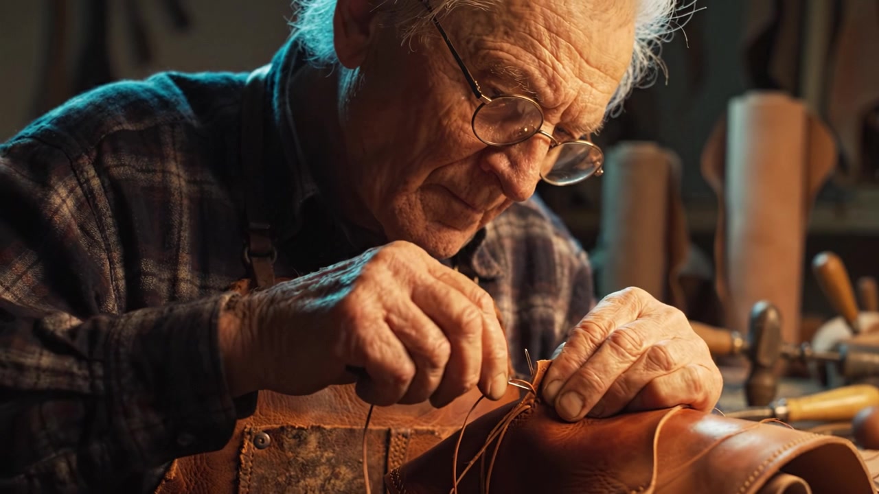 Craftsmanship in Focus: An Elderly Artisan Perfecting His Leatherwork with Precision and Care in a Warm Workshop Setting Focused on Traditional Techniques