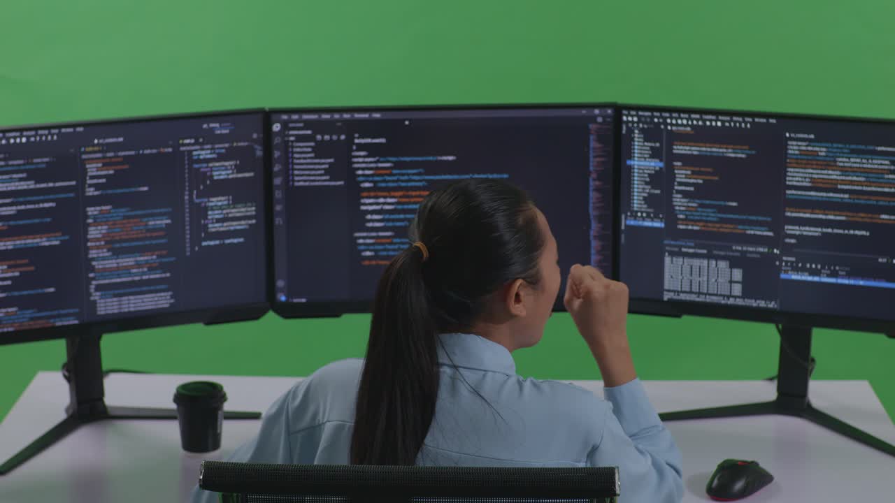 vista trasera de una desarrolladora asiática cansada bostezando mientras escribe código con múltiples pantallas de computadora en el estudio de pantalla verde