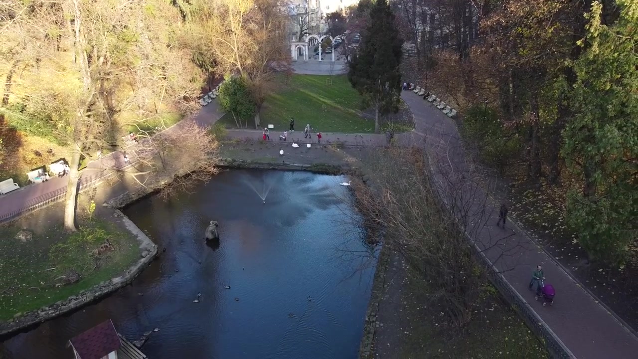 Luftfoto af en park med en sø, svaner og spadserende mennesker