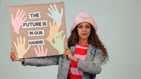 protest, future and poster with a woman activist