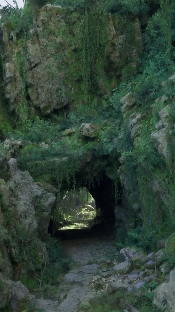 Explore a lush cave surrounded by vibrant greenery in natures paradise