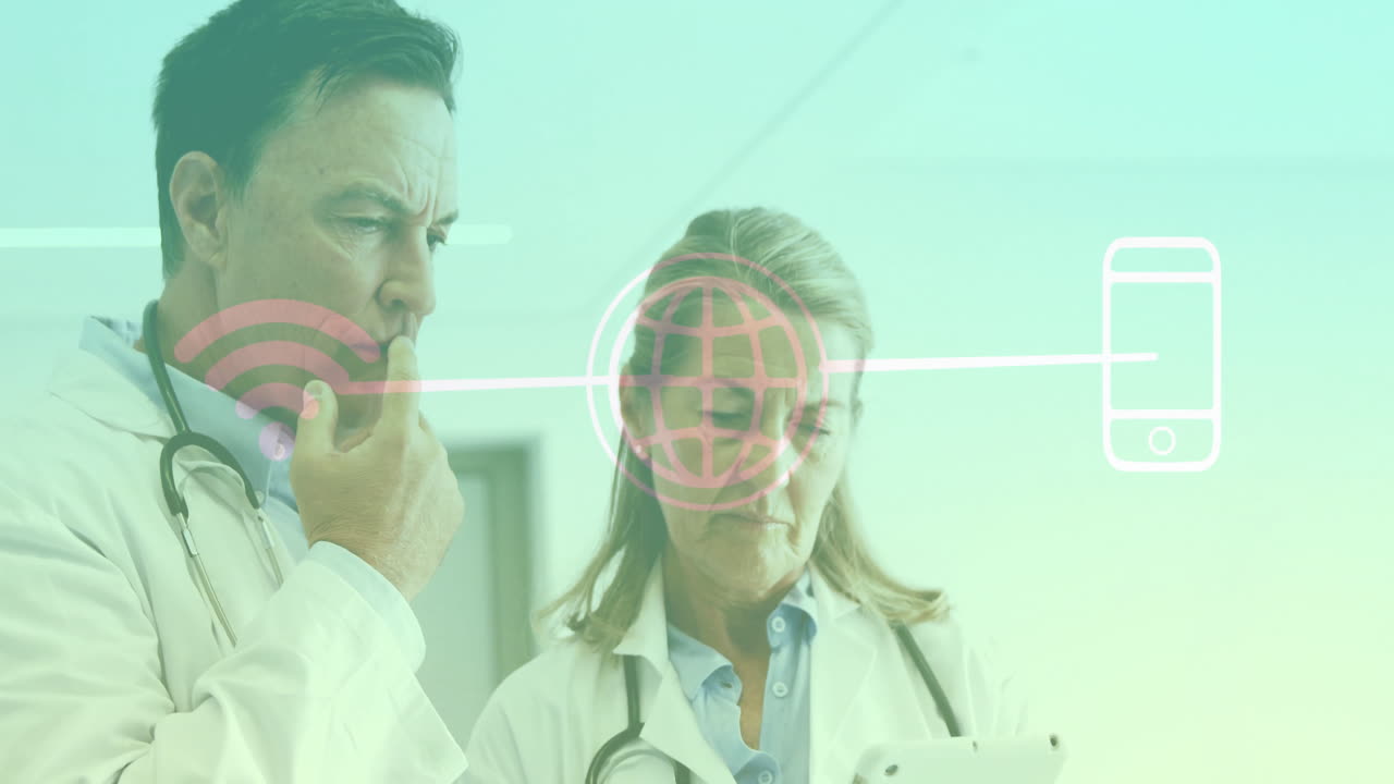 Analyzing data on tablet, doctors with animation of digital network icons