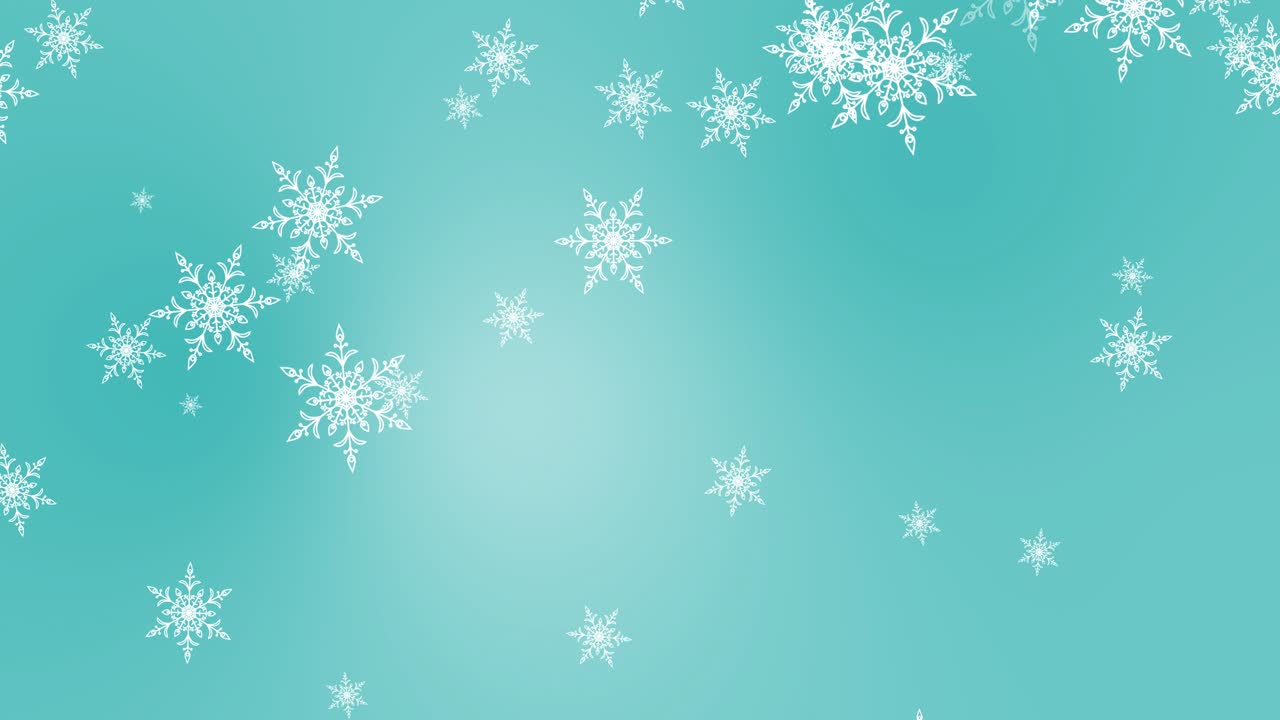 Abstract flying snowflakes on light blue. Beautiful Christmas and New Year seamless loop pattern with snowflakes on light blue. Winter background animation. 4K Video motion graphi