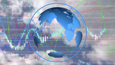 Animation-of-stock-market-numbers-and-globe-with-cloudy-sky-in-background
