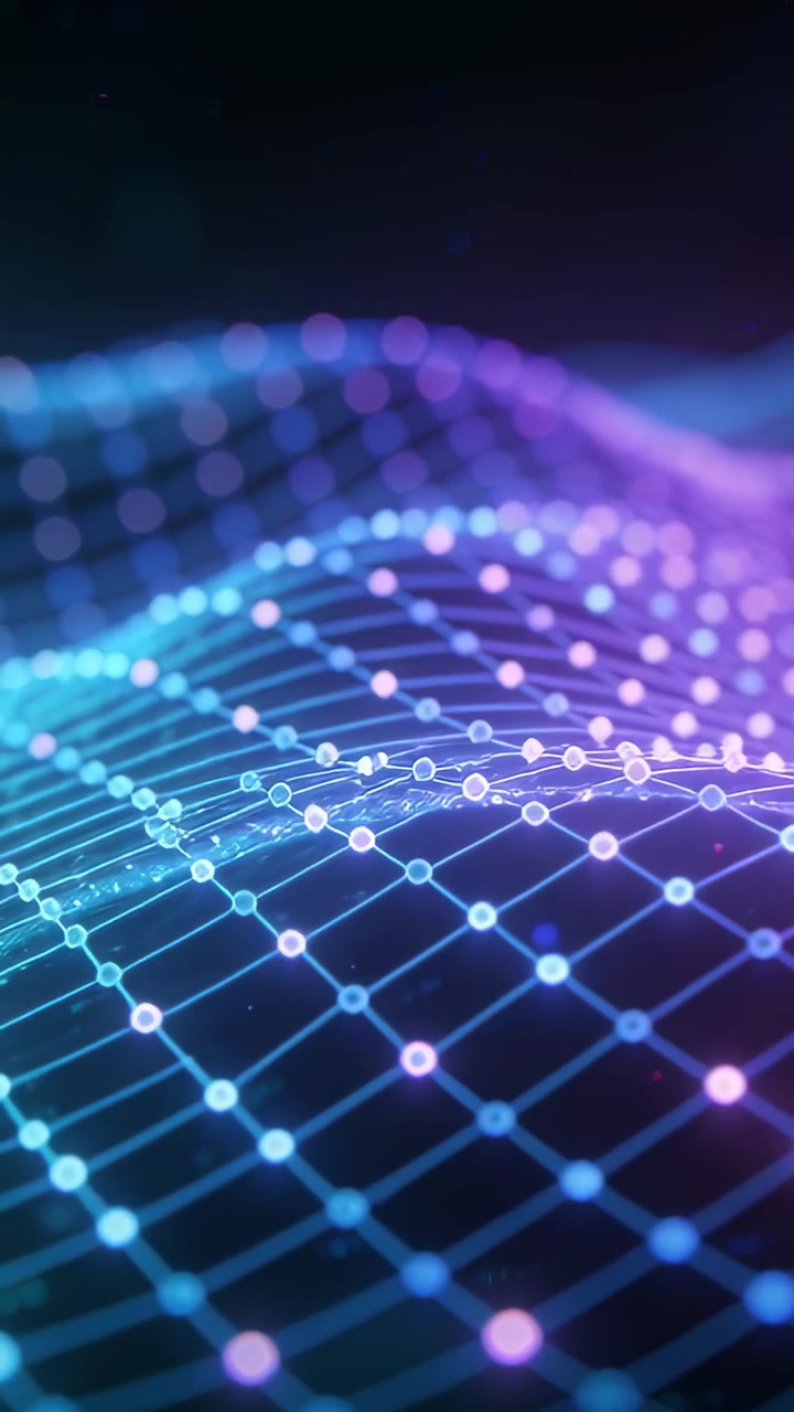 Vertical video: Animating AI driving neon grid with lit nodes pulsing in void for depth, cyan