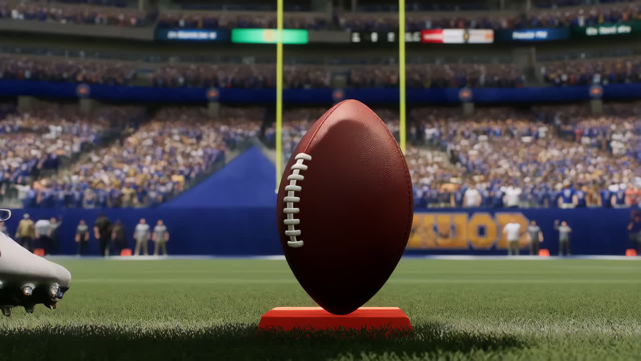 Close-up of an American football player's leg and cleat on the field with a kicking tee, stadium and goalposts in the background