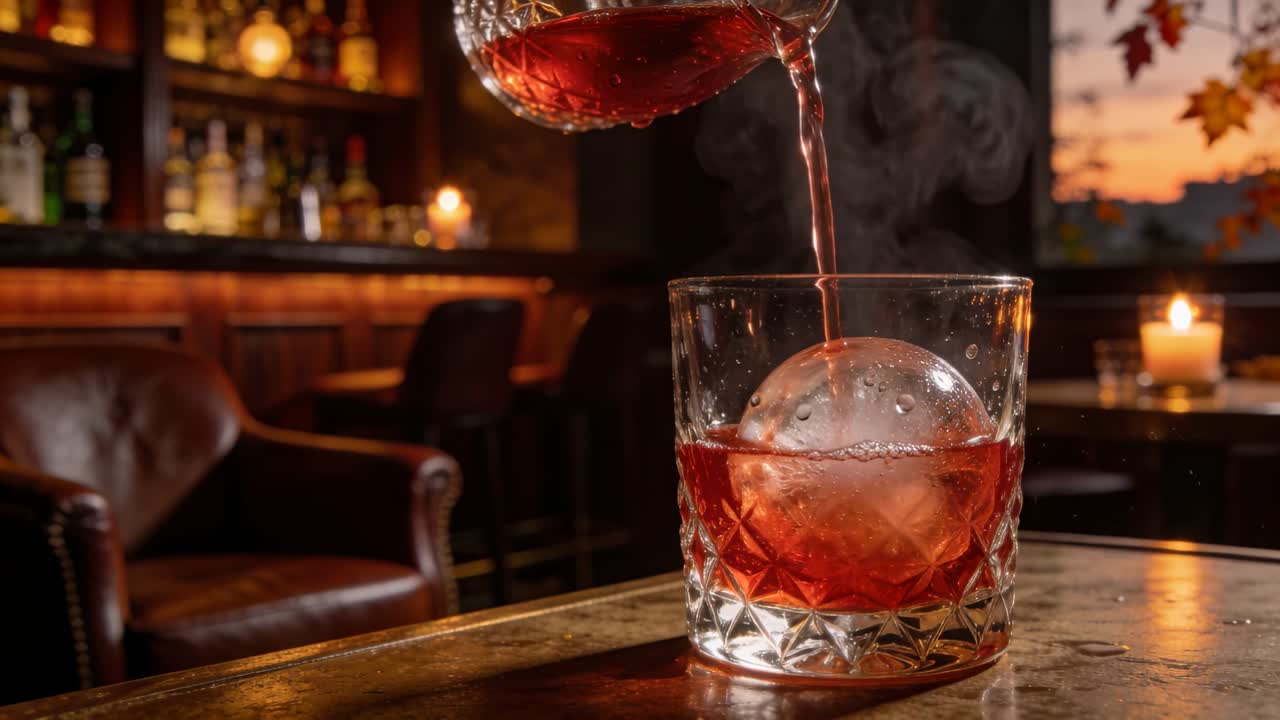 La mano di un barista inclina una brocca, versando un cocktail rosso su ghiaccio sferico al bancone del bar, completando la bevanda.