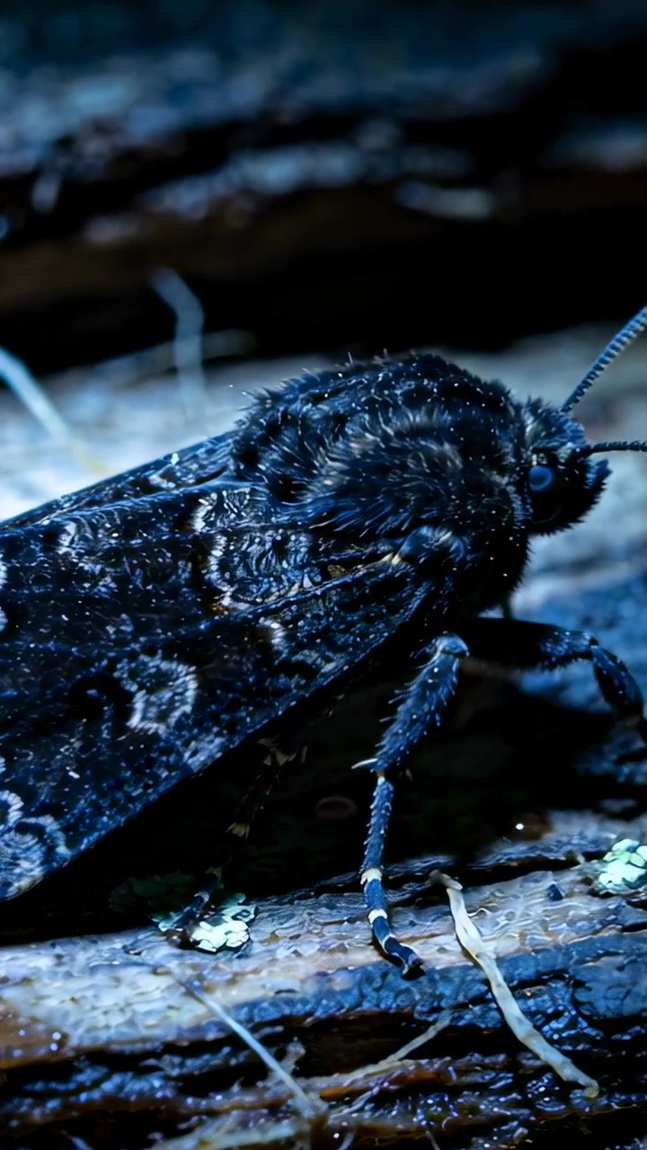 Dikey video: Ormanda nemli bir kütük üzerinde hareket eden, antenleri seğiren büyük koyu renkli güve, likenleri araştırıyor.