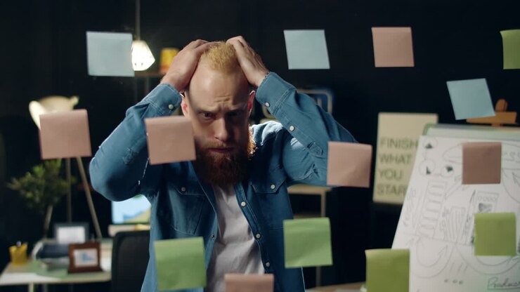 Exhausted business man clutching head in office. Sad guy looking at glass board