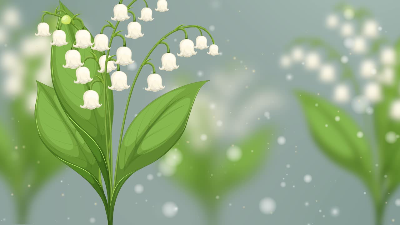 Lily of the Valley blooms gracefully against a soft, blurred background with gentle, flowing transitions and serene ambiance